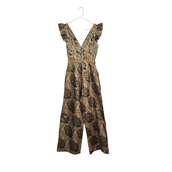 Happy x Nature Gold Floral Tie Front Jumpsuit Sleeveless V-Neck Wide Leg Sz 4 S - Picture 2 of 14